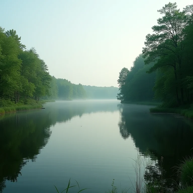 Lago sereno na Masúria cercado por florestas verdes
