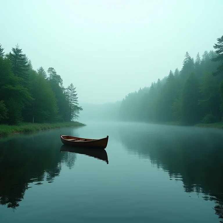Lago tranquilo na Masúria cercado por florestas densas e um pequeno barco de madeira flutuando