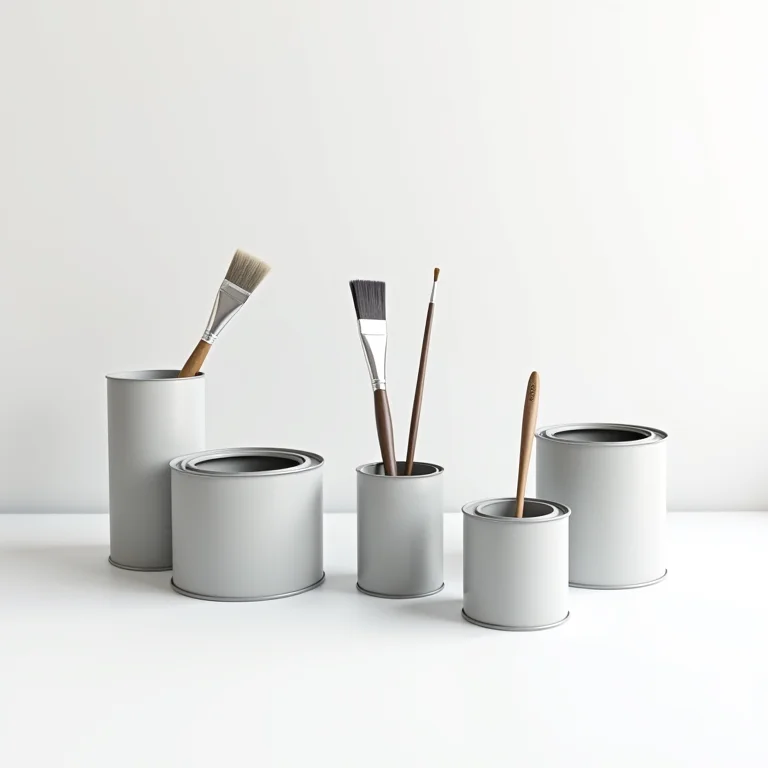 Latas de tinta cinza e pincéis sobre superfície branca