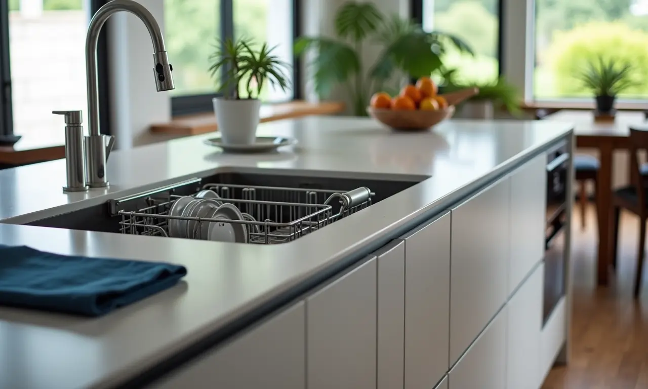 Lava-louças integrada ao design moderno de uma cozinha brasileira.