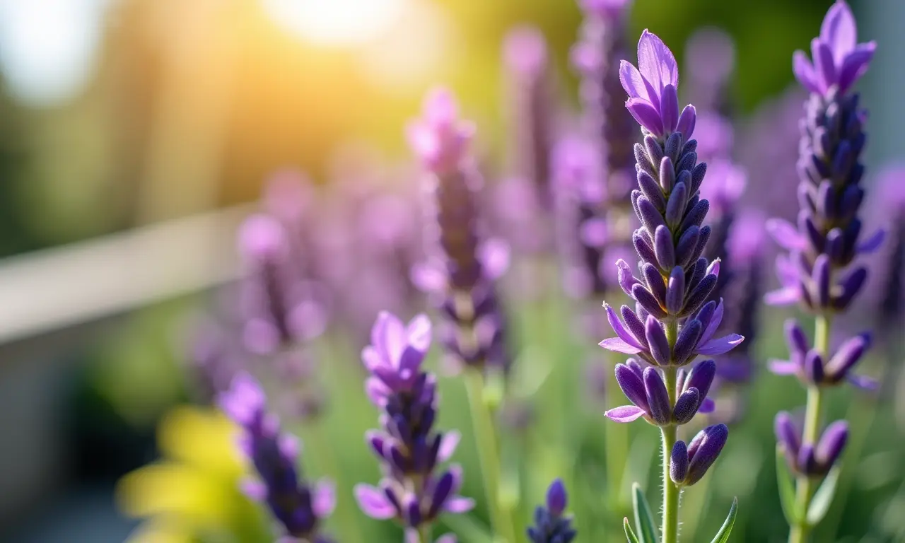 Lavanda florescendo em uma varanda ensolarada, com suas flores roxas e aroma relaxante.