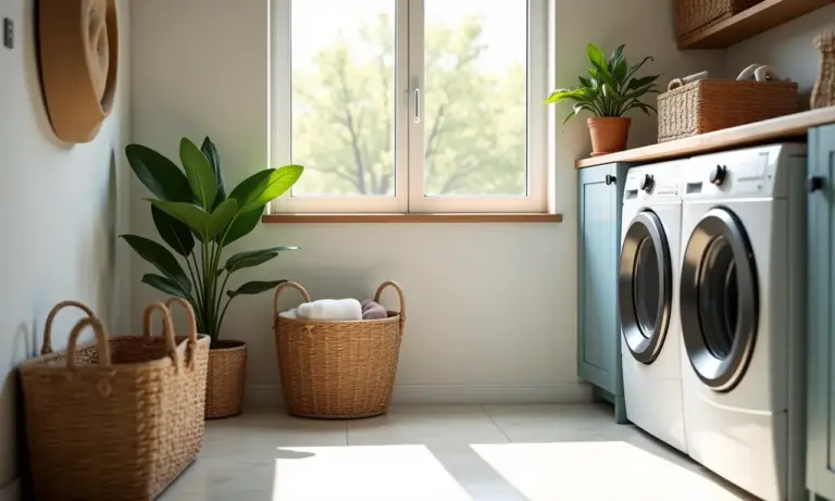 Lavanderia moderna e organizada com luz natural.