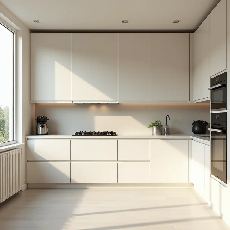 Layout de cozinha não funcional com eletrodomésticos mal posicionados.