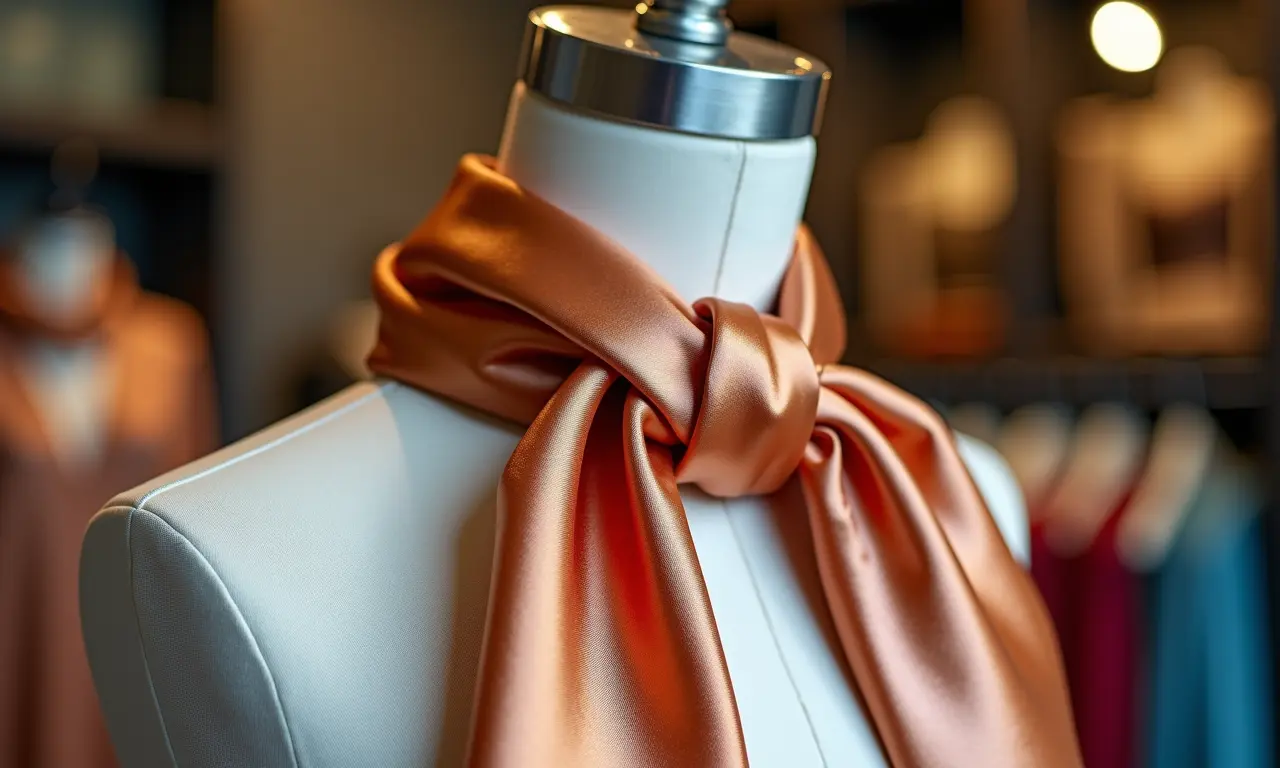 Lenço de seda elegante amarrado no pescoço de manequim em boutique.