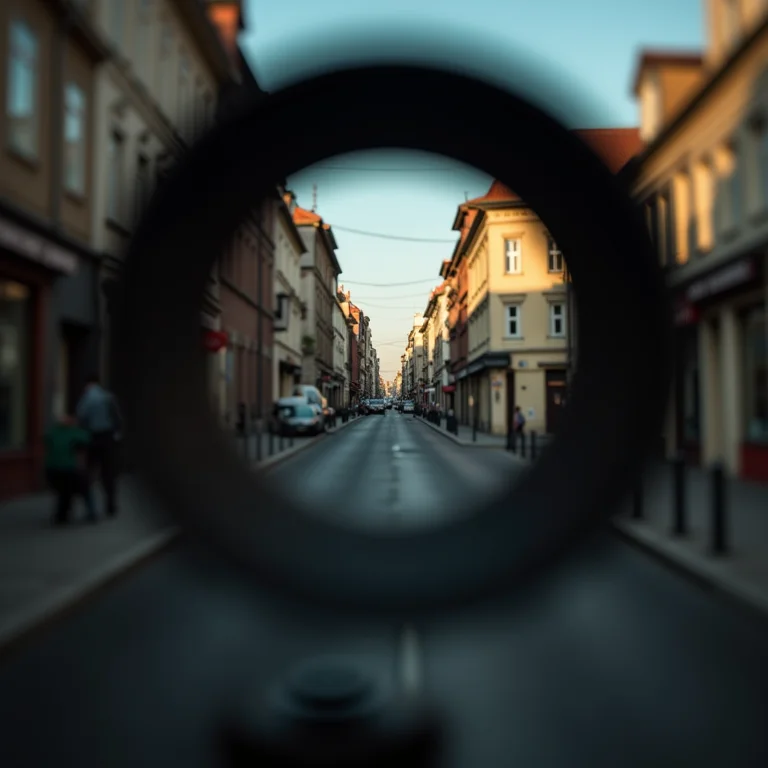 Lente de câmera vintage refletindo a vida urbana