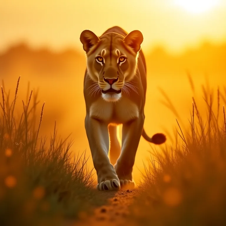 Leoa caminhando na grama alta durante a hora dourada