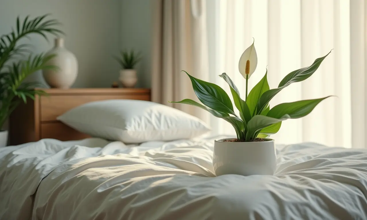 Lírio da Paz ao lado da cama, promovendo relaxamento e purificação no quarto.