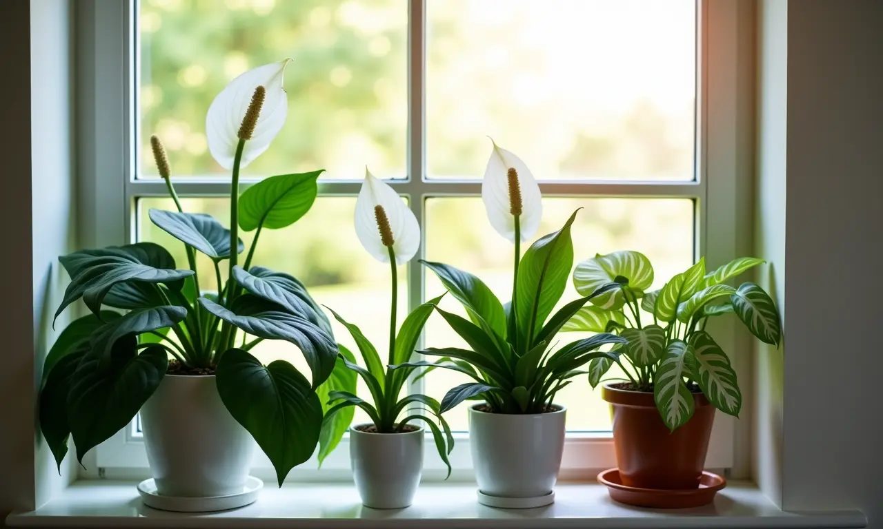 Lírio da Paz, Comigo-Ninguém-Pode e Antúrio próximos a uma janela, com luz suave.