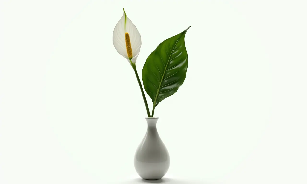 Lírio da Paz em vaso minimalista, simbolizando elegância e purificação.