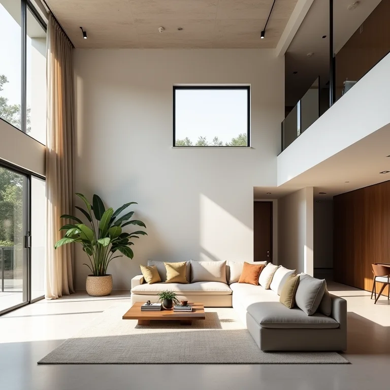 Living moderno de casa com pé direito duplo