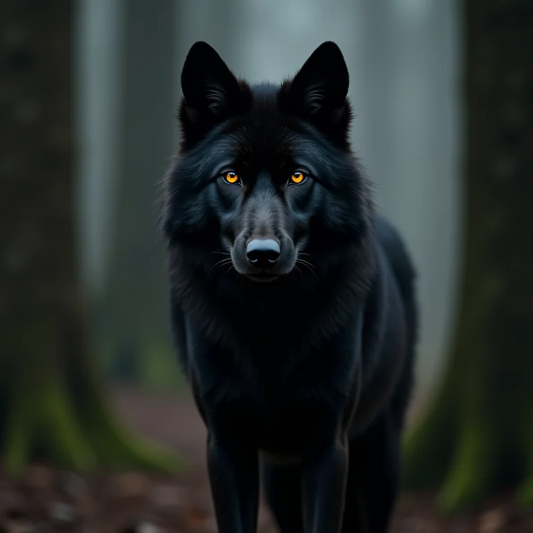 Lobo melânico elegante na floresta.