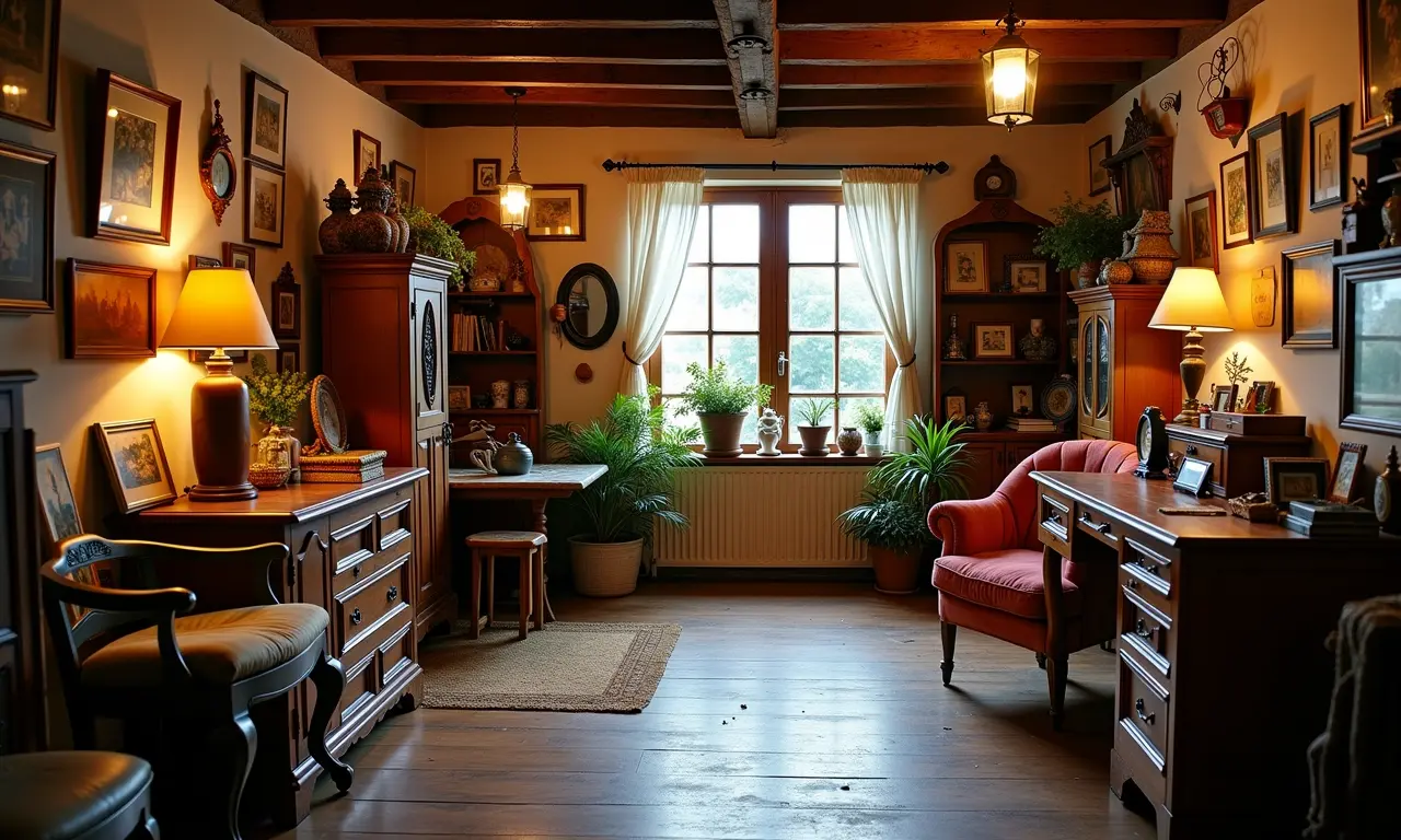 Loja de antiguidades com móveis vintage e decoração retrô.