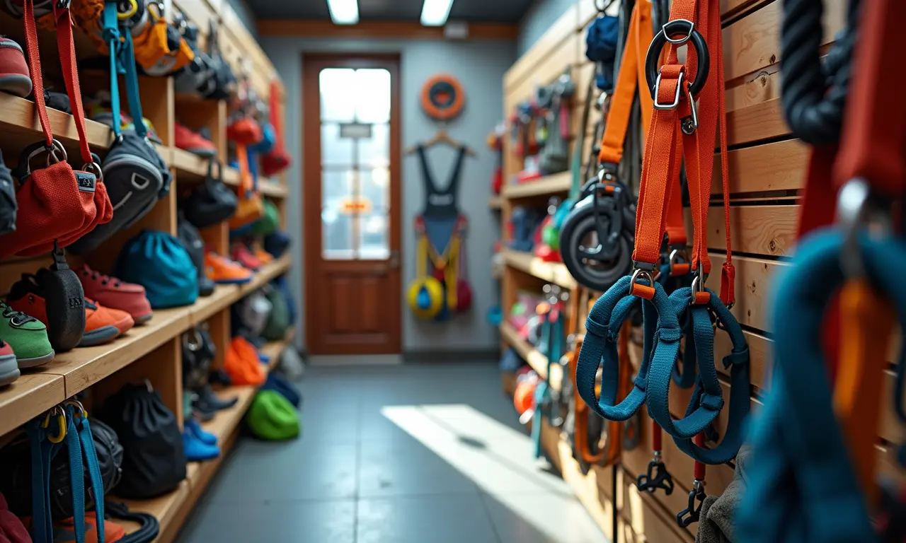 Loja de equipamentos para escalada com acessórios para crianças.
