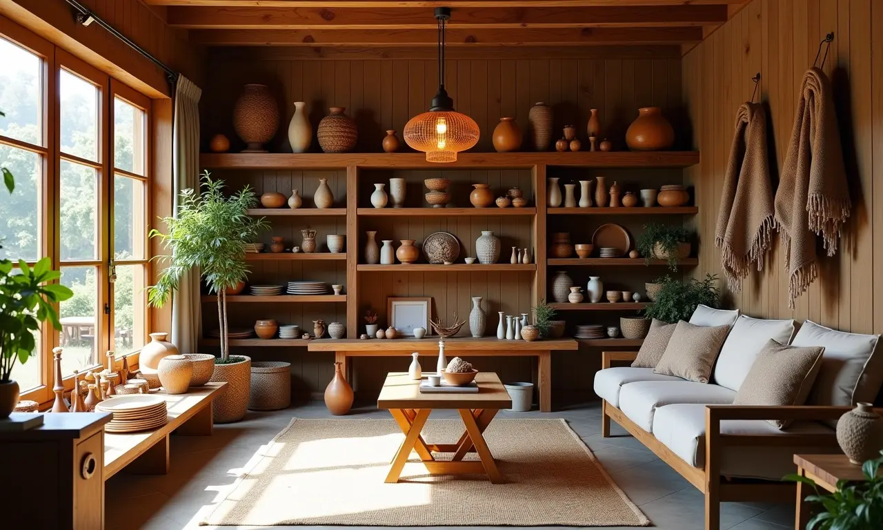 Loja de móveis rústicos com itens artesanais de madeira e cerâmicas.