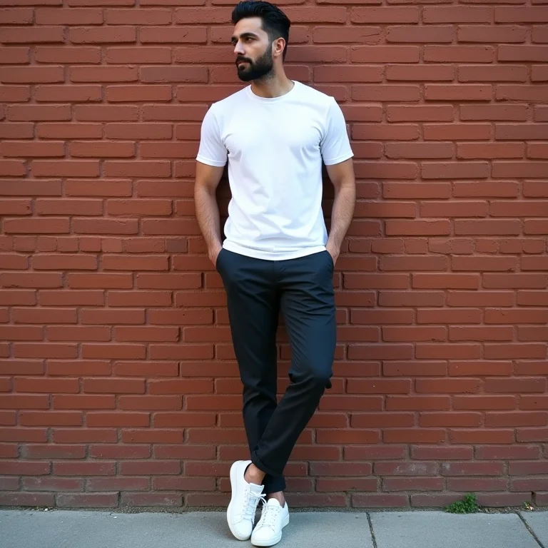 Look casual com calça de alfaiataria, camiseta e tênis.