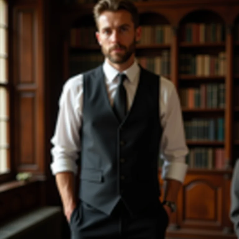 Look clássico com calça de alfaiataria, colete e gravata.