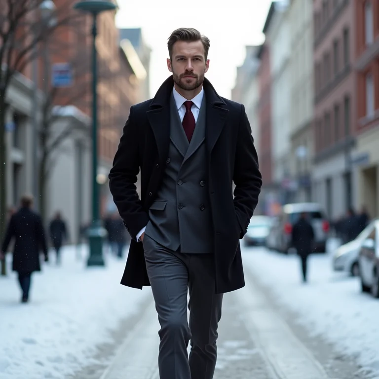 Look de inverno com calça de alfaiataria e sobretudo.