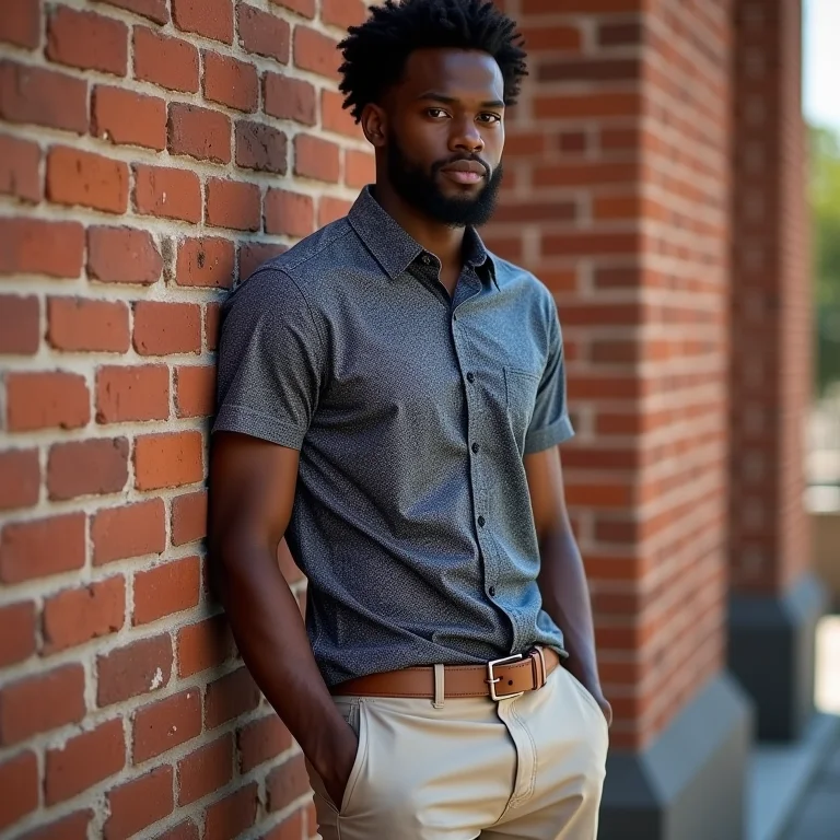 Look moderno com calça chino e camisa estampada.