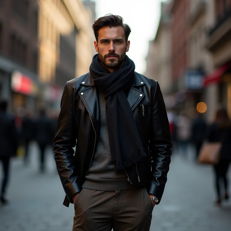 Look moderno com calça de alfaiataria, jaqueta de couro e cachecol.