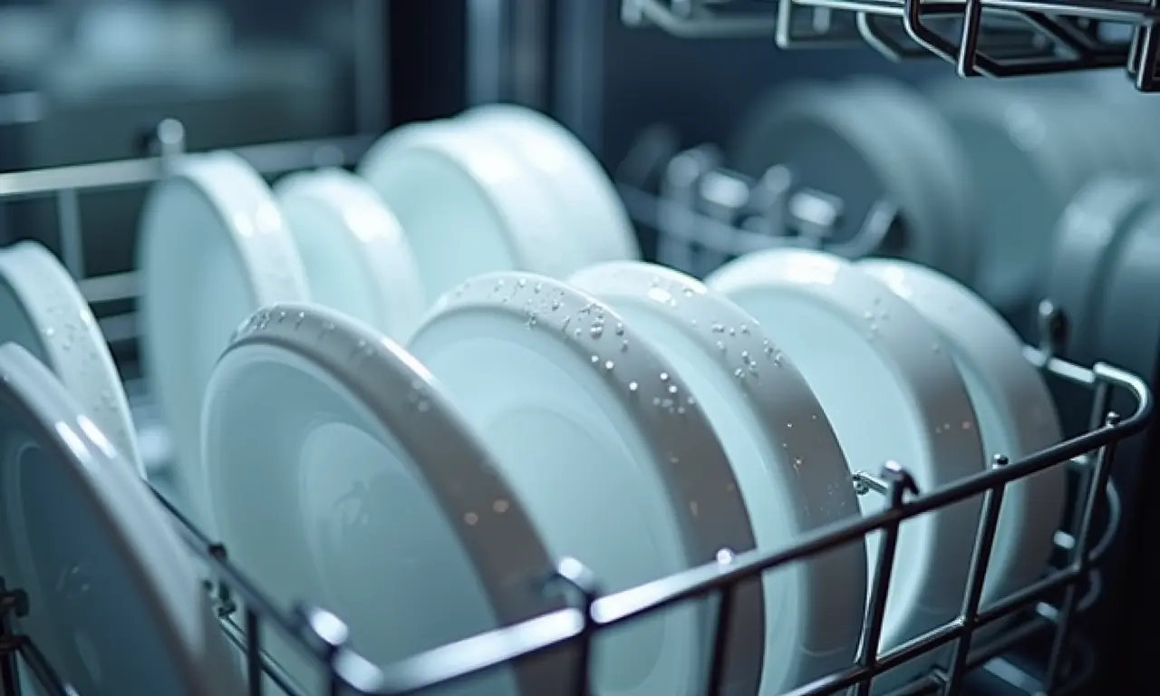 Louças brilhantes dentro de uma lava-louças moderna, destacando a economia de água.