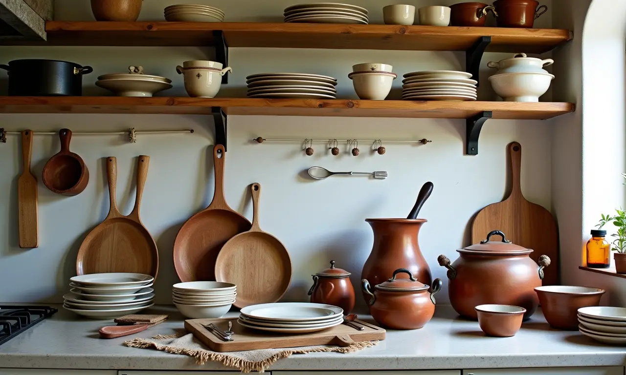 Louças e utensílios à mostra em bancada de cozinha provençal.