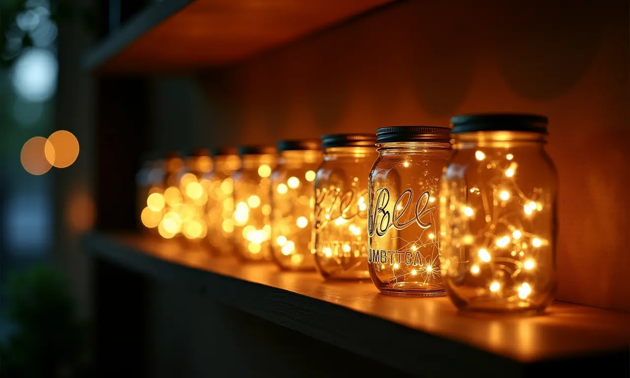 Luminária de pisca-pisca em potes de vidro.