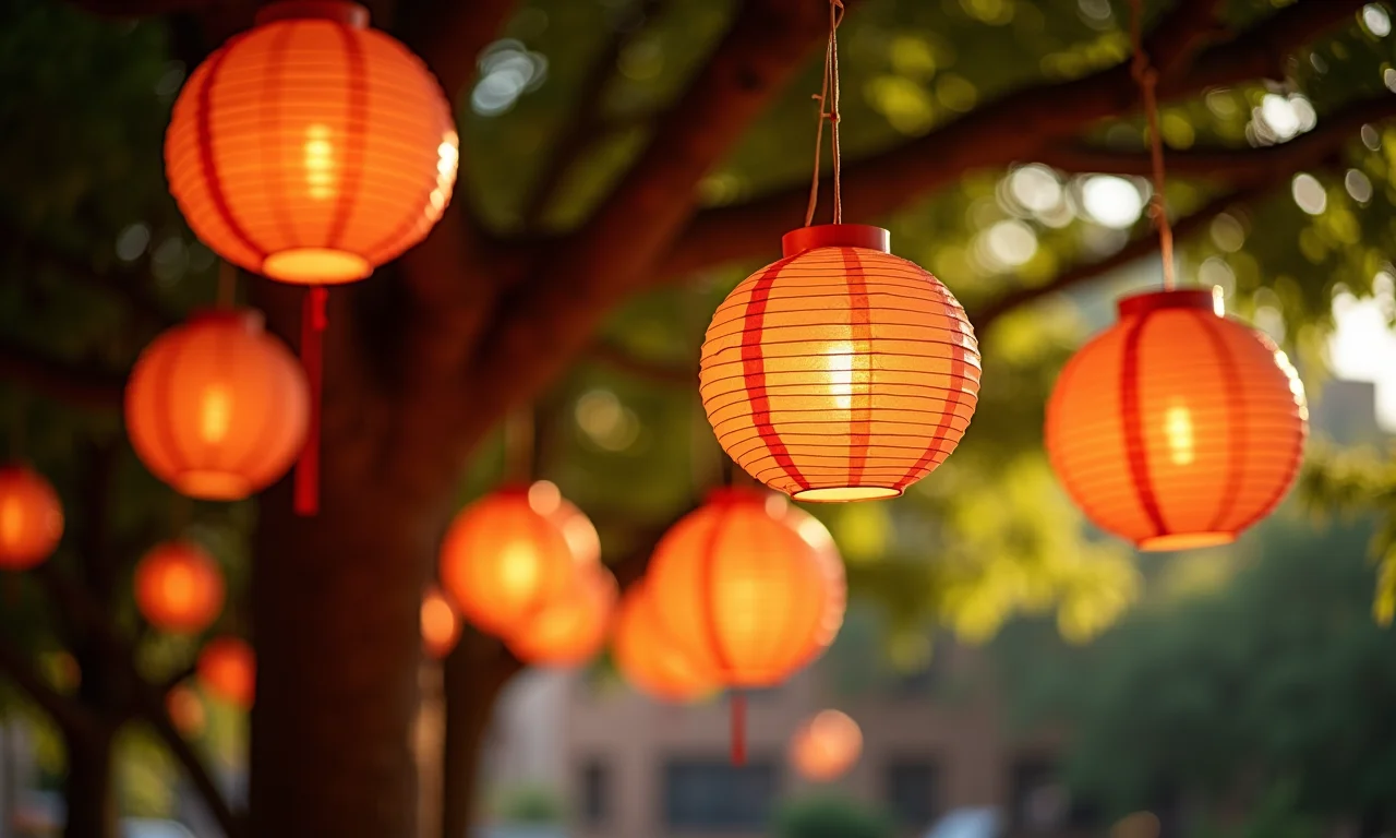 Luminárias de papel penduradas em uma árvore, criando um ambiente acolhedor.
