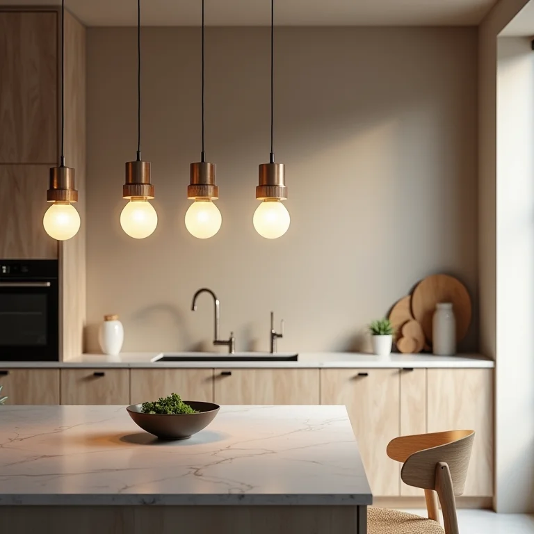 Luminárias pendentes sobre ilha de cozinha