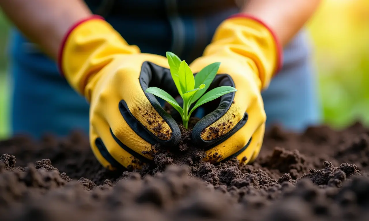Luvas de jardinagem protegendo mãos durante o plantio.