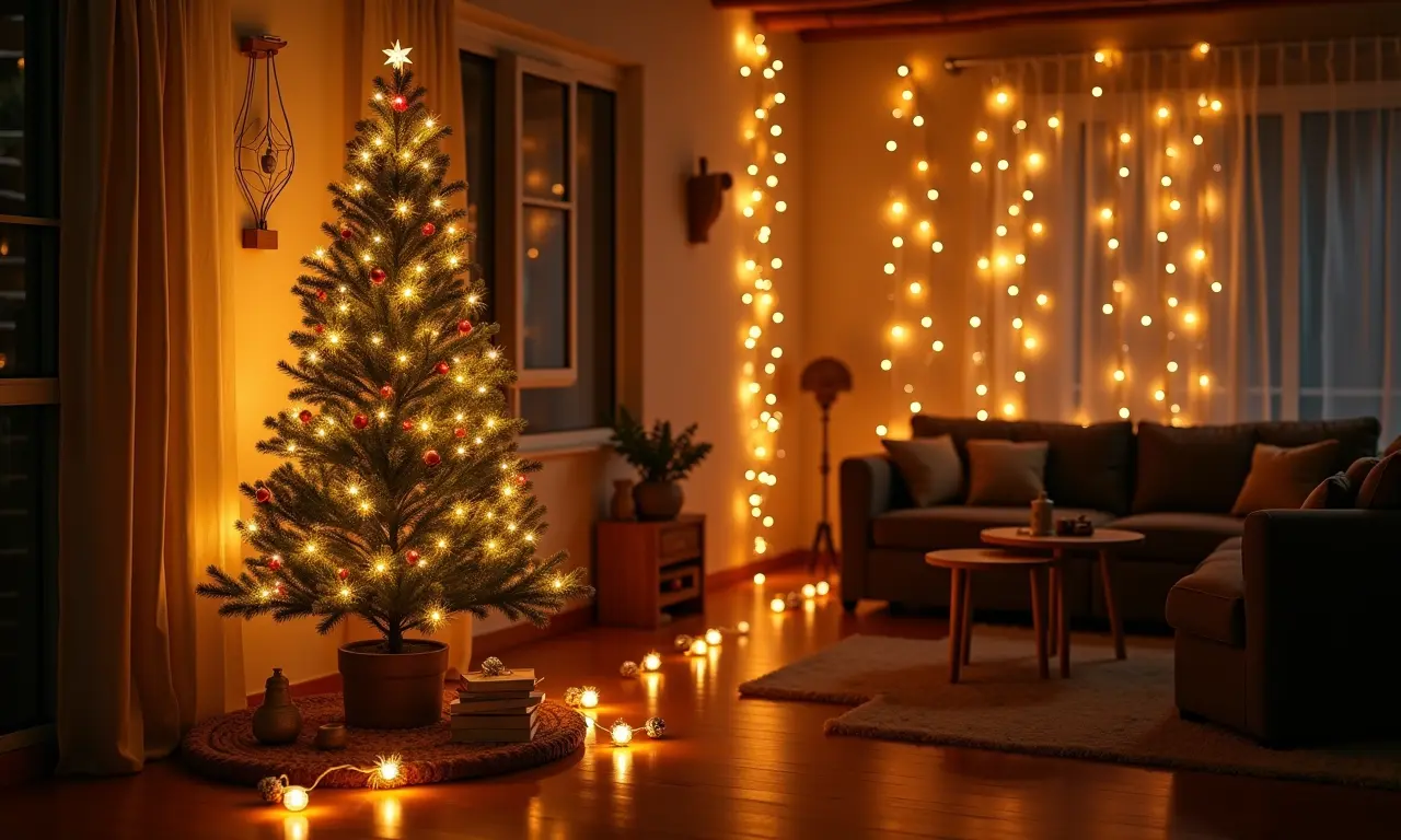 Luzinhas de Natal criativas iluminando a decoração de um ambiente aconchegante.
