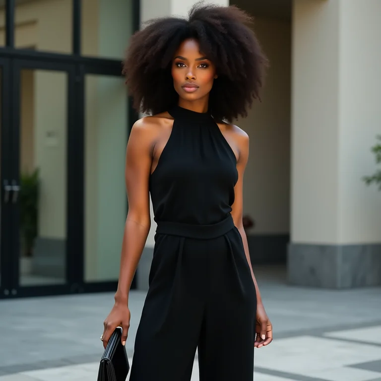 Macacão preto elegante para a noite de Ano Novo