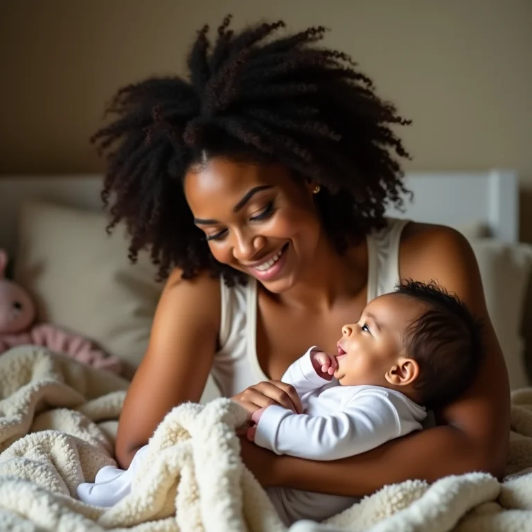 Mãe e bebê cercados por itens para bebês e crianças comprados nos EUA.