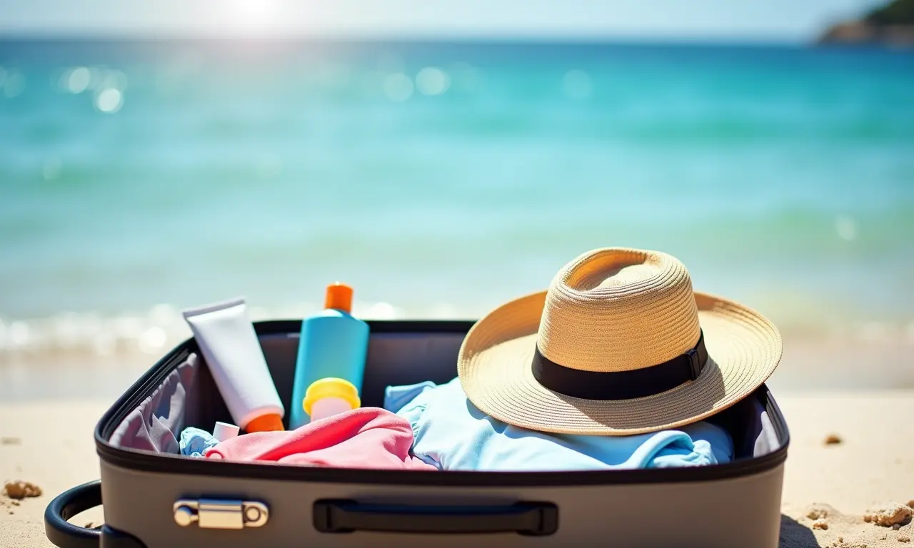 Mala aberta com itens essenciais para viagem à Córsega.