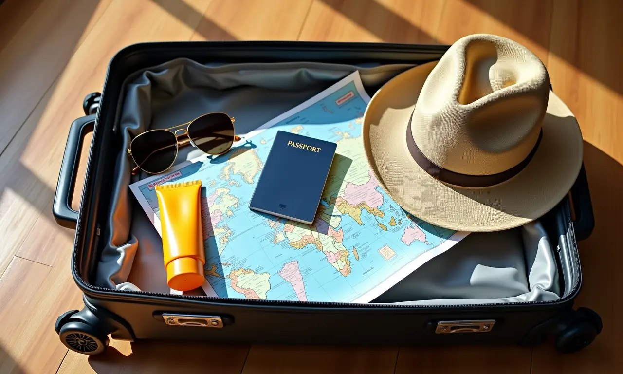 Mala aberta com itens essenciais para viagem: protetor solar, óculos de sol, chapéu, mapa, passaporte.