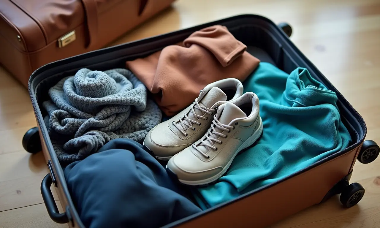 Mala aberta com roupas adequadas para o clima da Córsega.