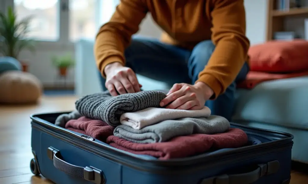 Mala masculina aberta sendo preparada para viagem na neve, com roupas de inverno organizadas.