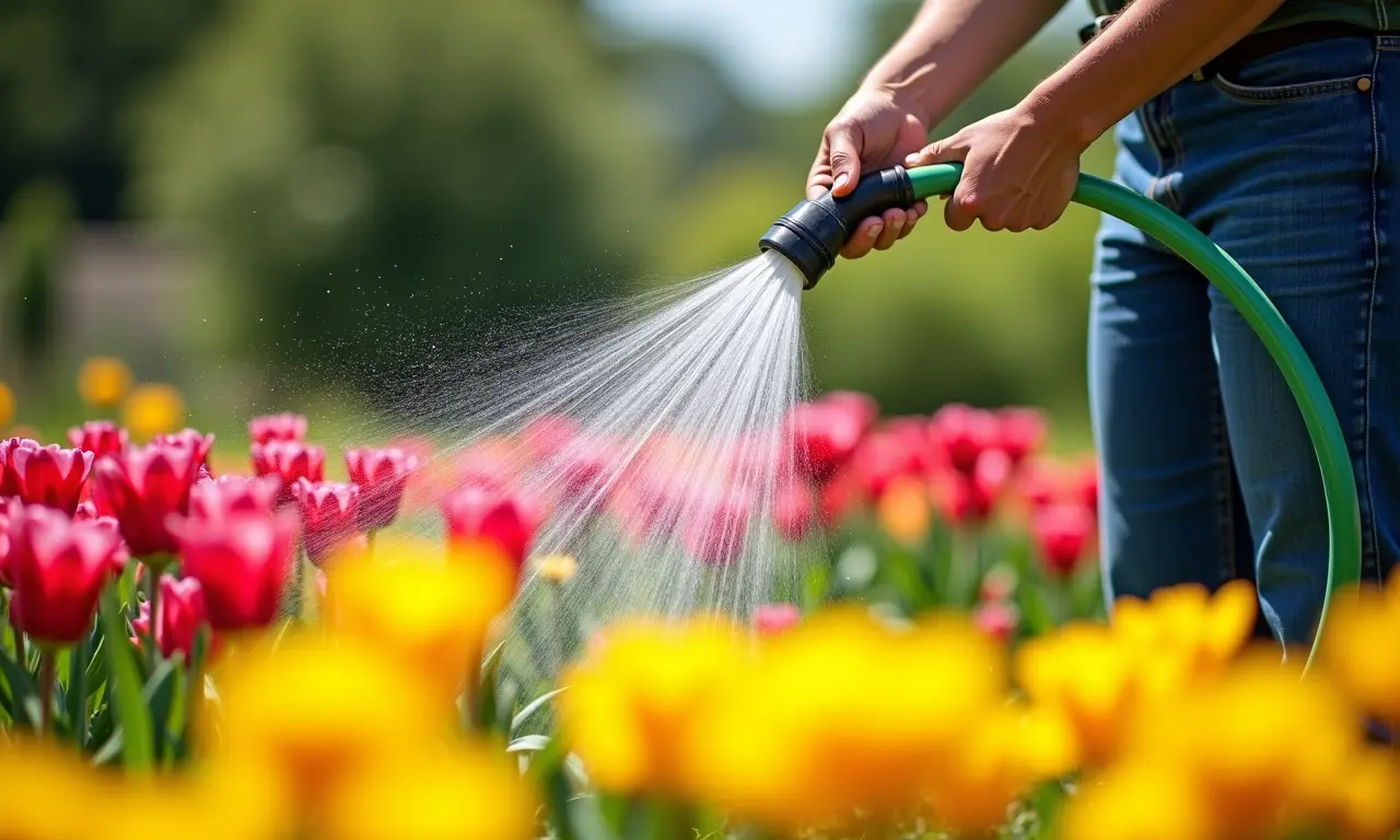 Mangueira regando áreas amplas do jardim.