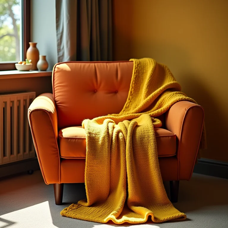 Manta amarela mostarda e poltrona laranja queimado