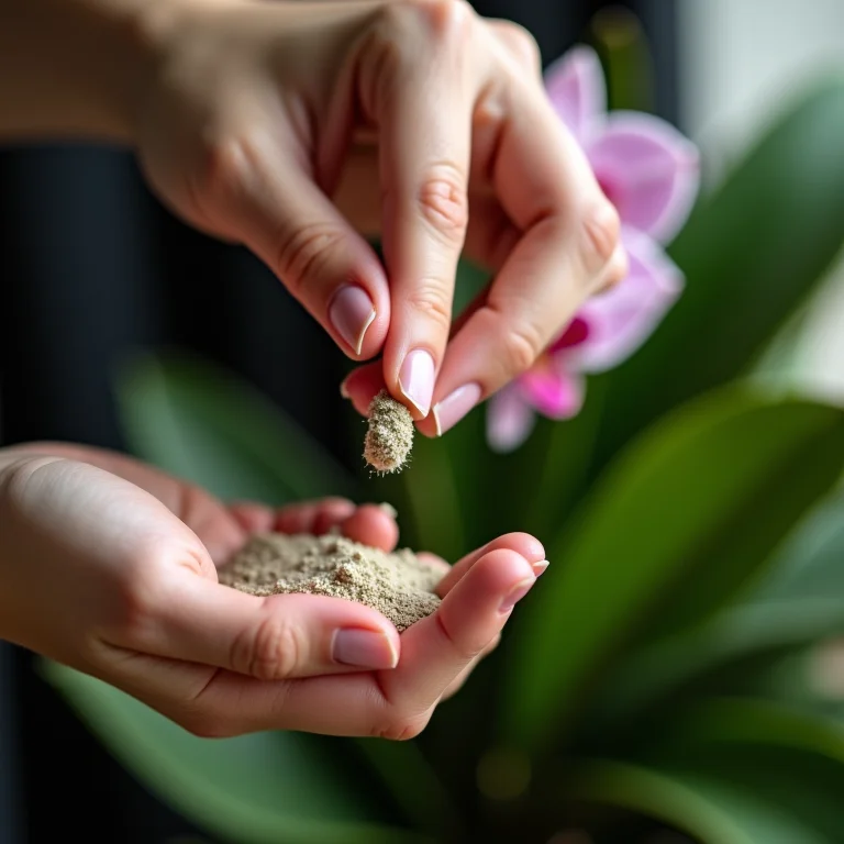 Mão aplicando fertilizante em orquídea