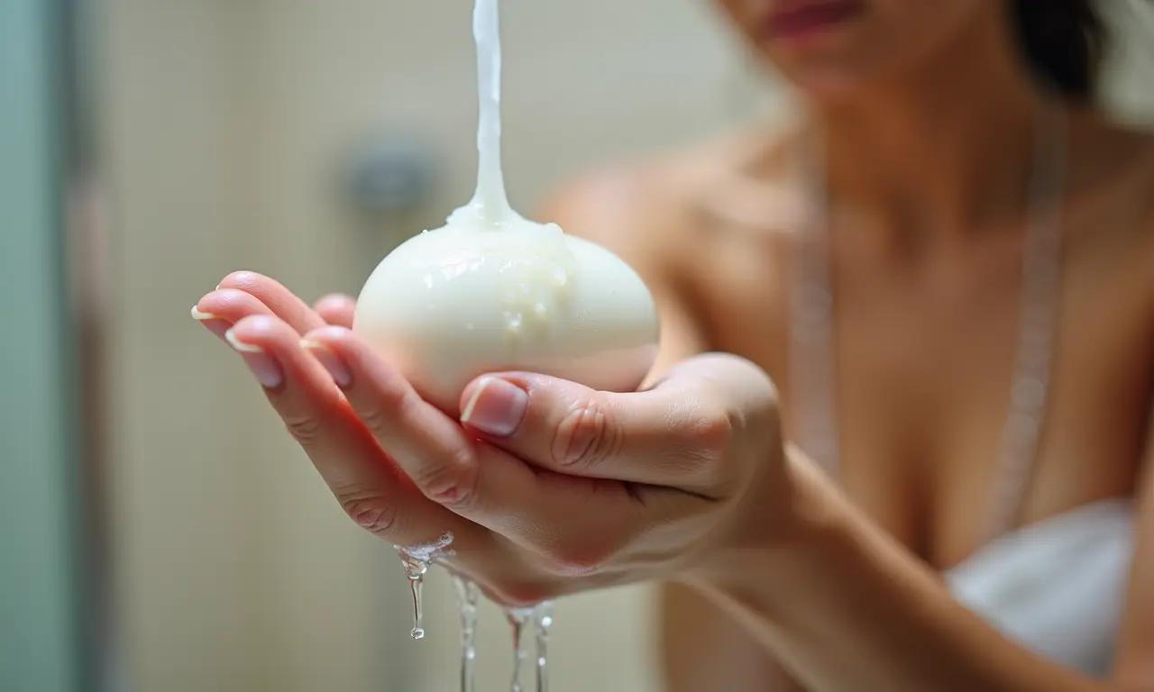 Mão de mulher usando sabonete íntimo no chuveiro.