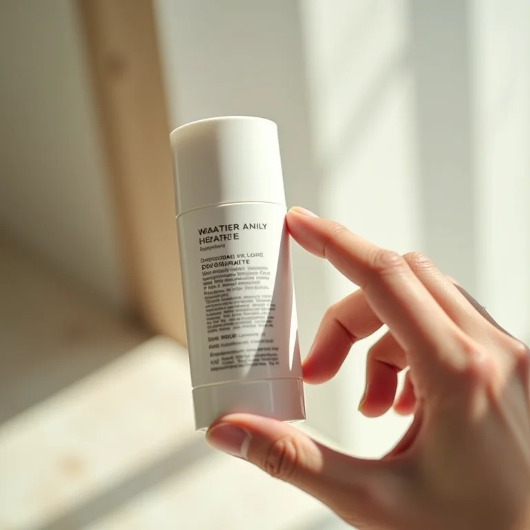 Mão examinando os ingredientes de um desodorante com lupa