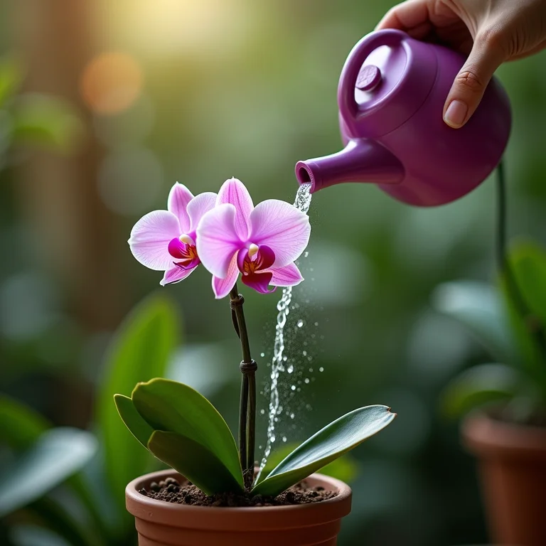 Mão regando orquídea com cuidado