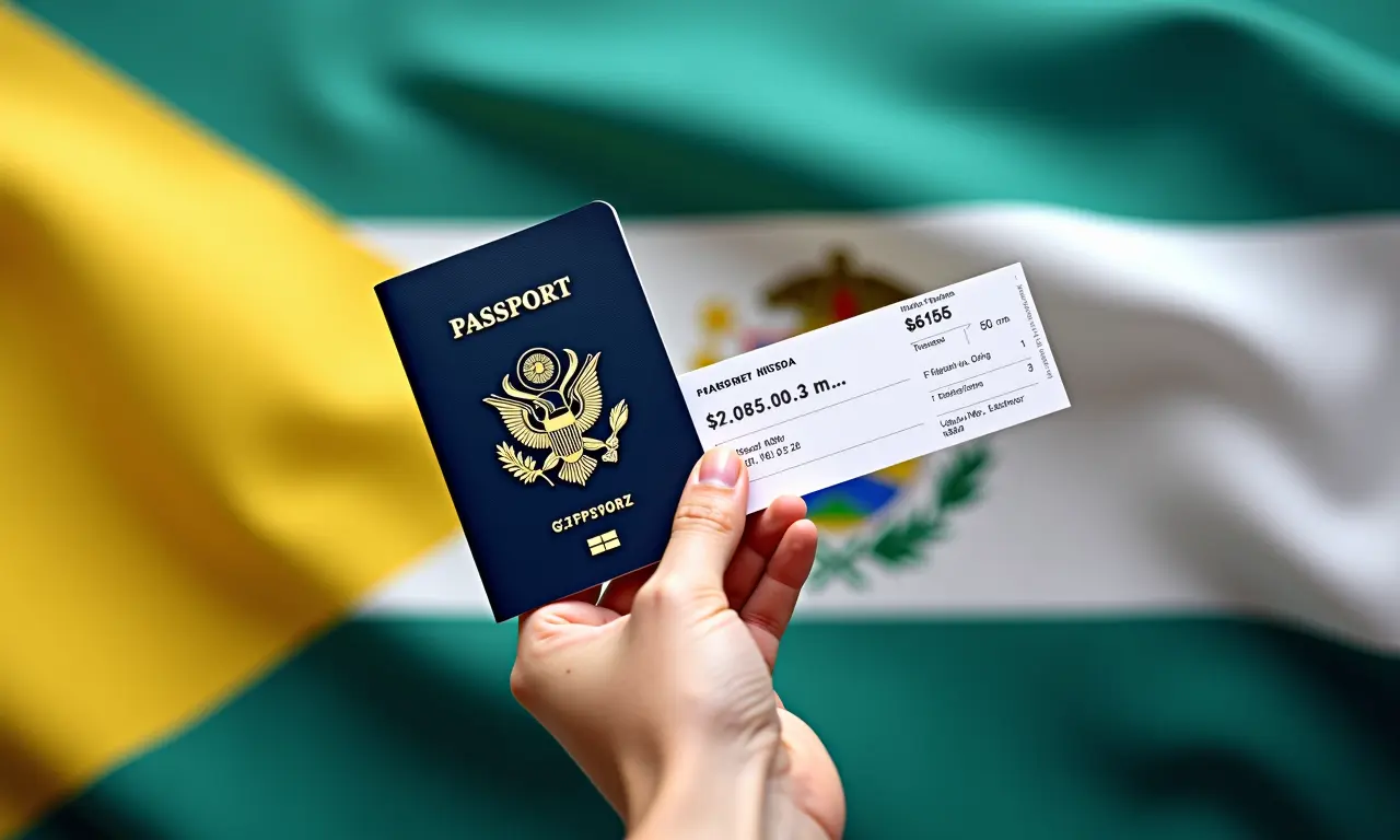 Mão segurando passaporte e passagem aérea com a bandeira da Bahia ao fundo.