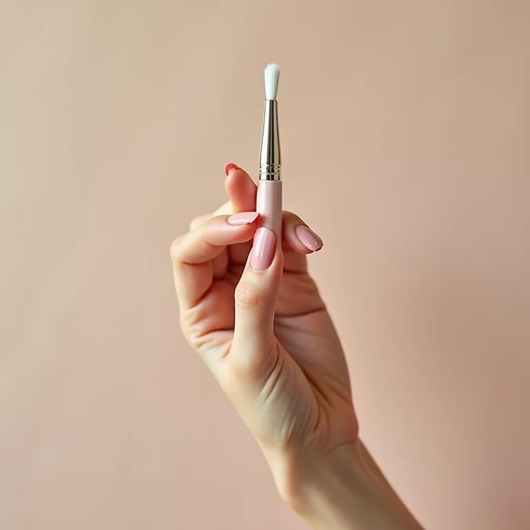 Mão segurando um pincel de esmalte pronta para aplicar.