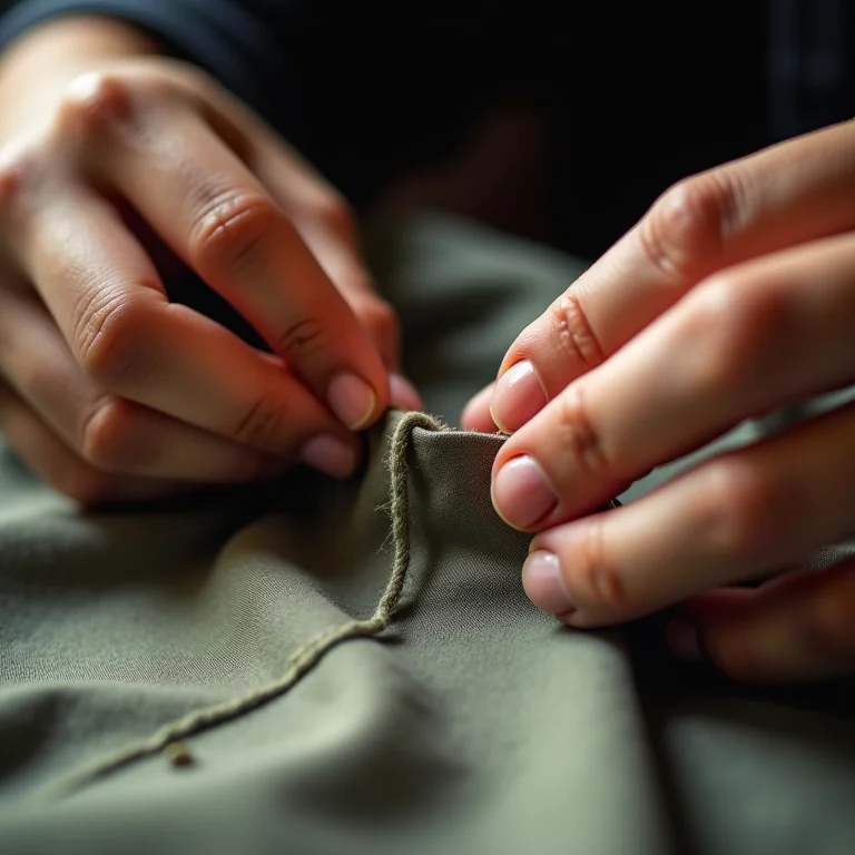 Mãos costurando a barra de uma calça à mão