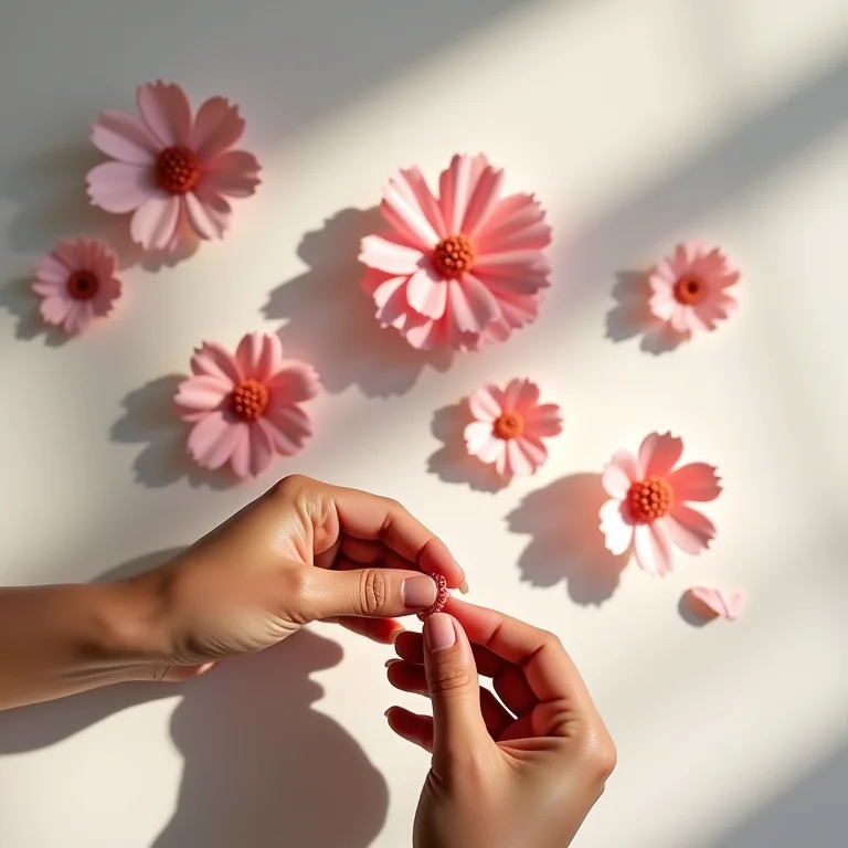 Mãos criando flores de papel passo a passo.