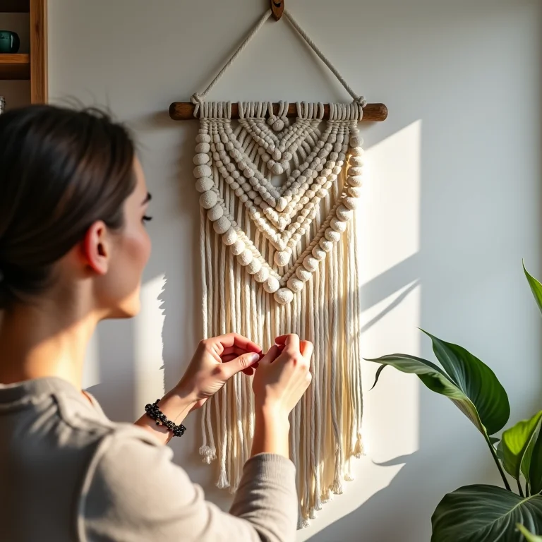 Mãos criando macramê decorativo