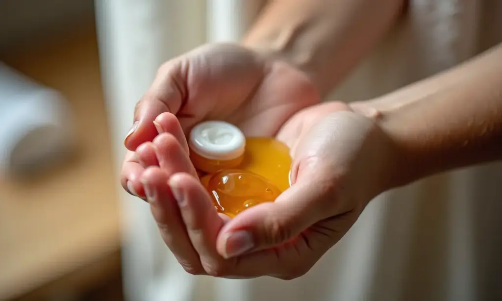 Mãos diversas aplicando óleo corporal e hidratante, mostrando texturas.