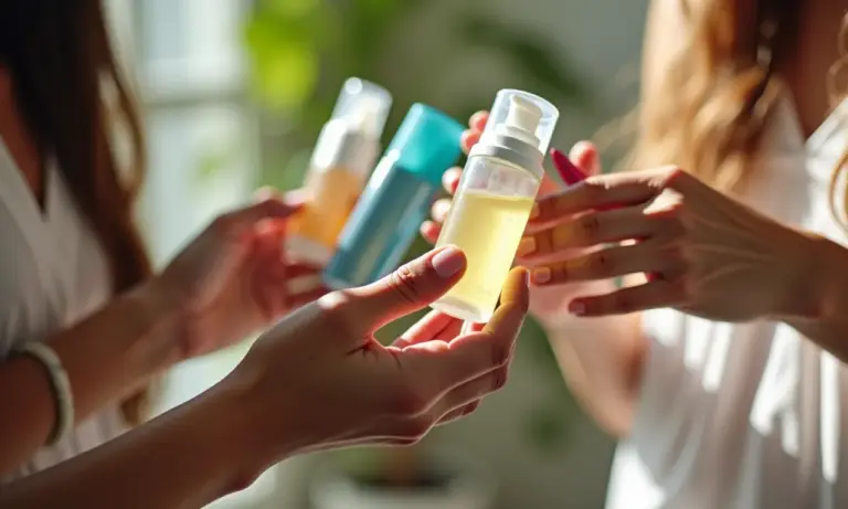 Mãos diversas examinando rótulos de cosméticos.