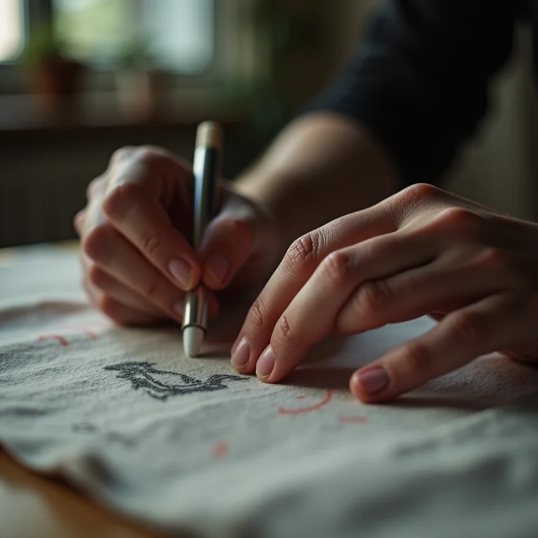 Mãos marcando tecido com giz de alfaiate